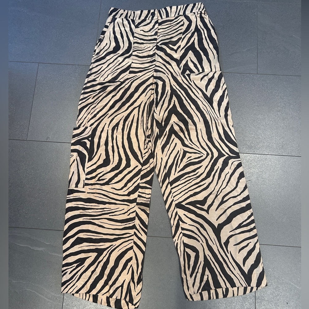 Zara high-waisted satin zebra print cargo pants